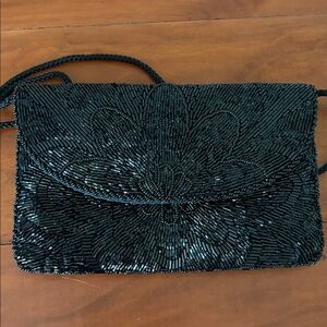Vintage Black Beaded Evening Clutch Floral Crossbody Purse